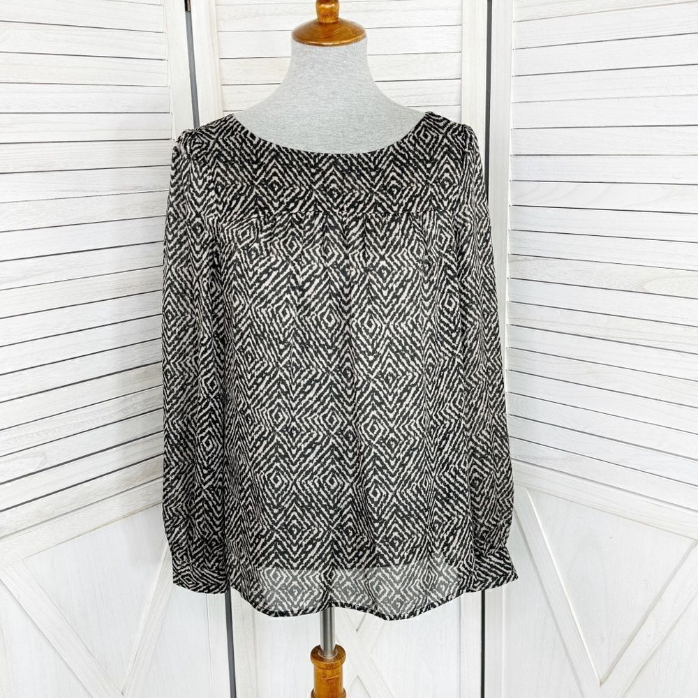Ann Taylor Loft Printed Pullover Blouse Cream Black Medium Long Sleeve